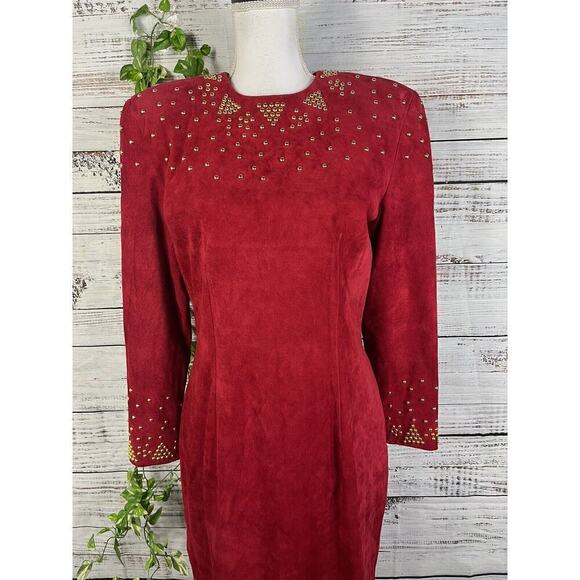 Pia Rucci Vintage Red Leather Dress size 12 Gold Studs 80's Dynasty Christmas - Picture 5 of 16